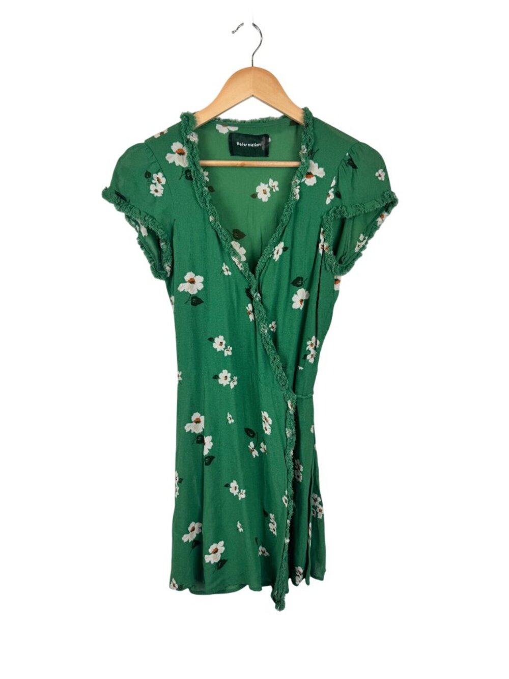 Reformation Green Floral Wrap Mini Dress Frayed Trim Womens Size S